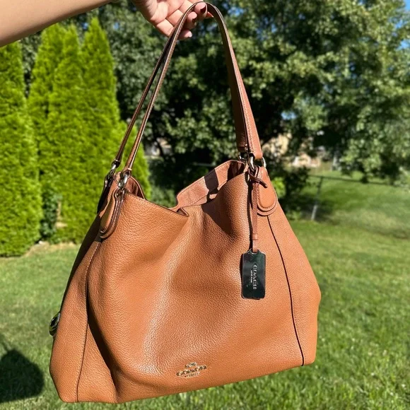 Coach Edie 31 Saddle Tan Brown Shoulder Bag with Turnlock Pocket - Picture 1 of 8